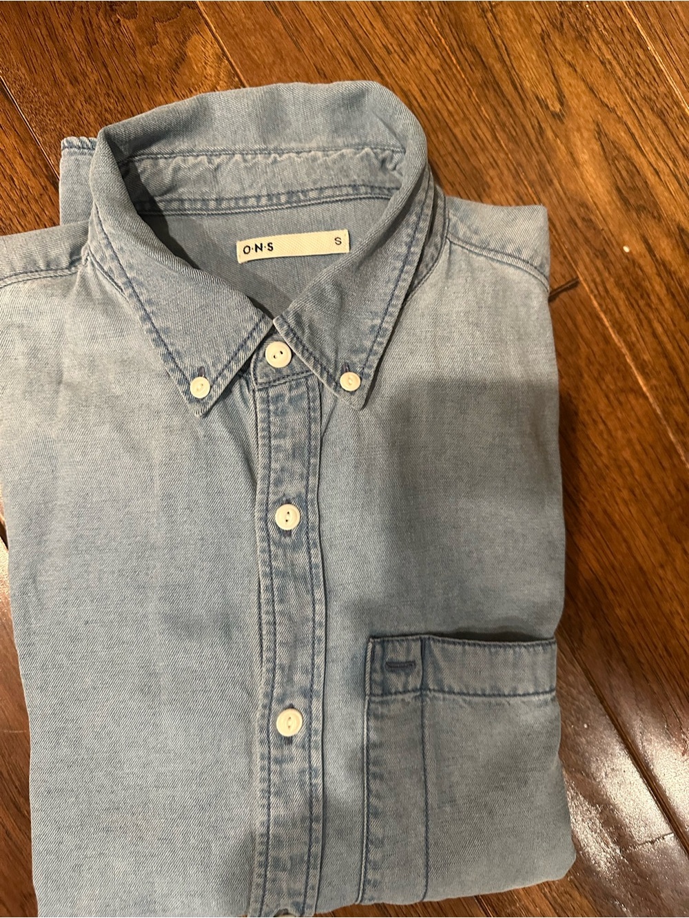 O.N.S Light Wash Denim Button-Down Shirt – Size Small – Modern NYC Minimalist